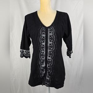 Inca Cotton Peruvian Embroidered Lace Trim V-Neck Pintuck Black Top sz M